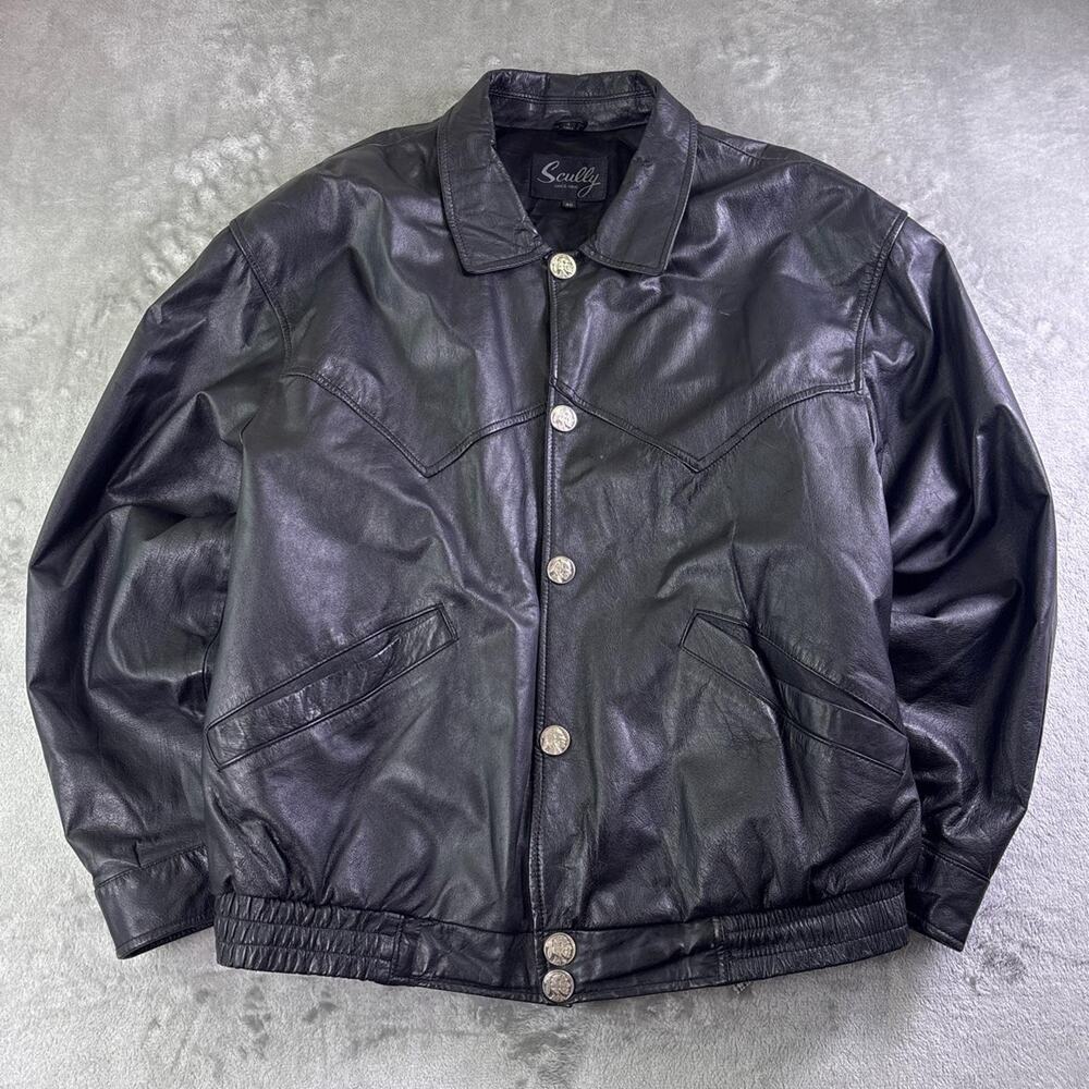 Scully Leather Bomber Jacket Mens 46 Black Western Snap Front Cowboy